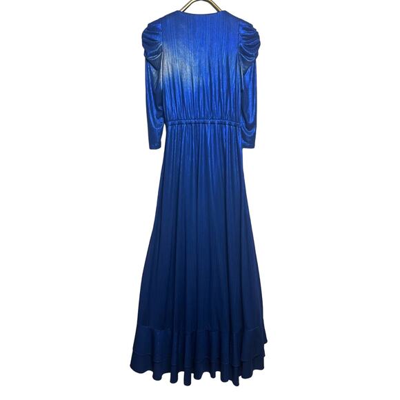 Retrofête Flora Sz Small Metallic Blue Wrap Dress Evening Cocktail High Low - Picture 6 of 15